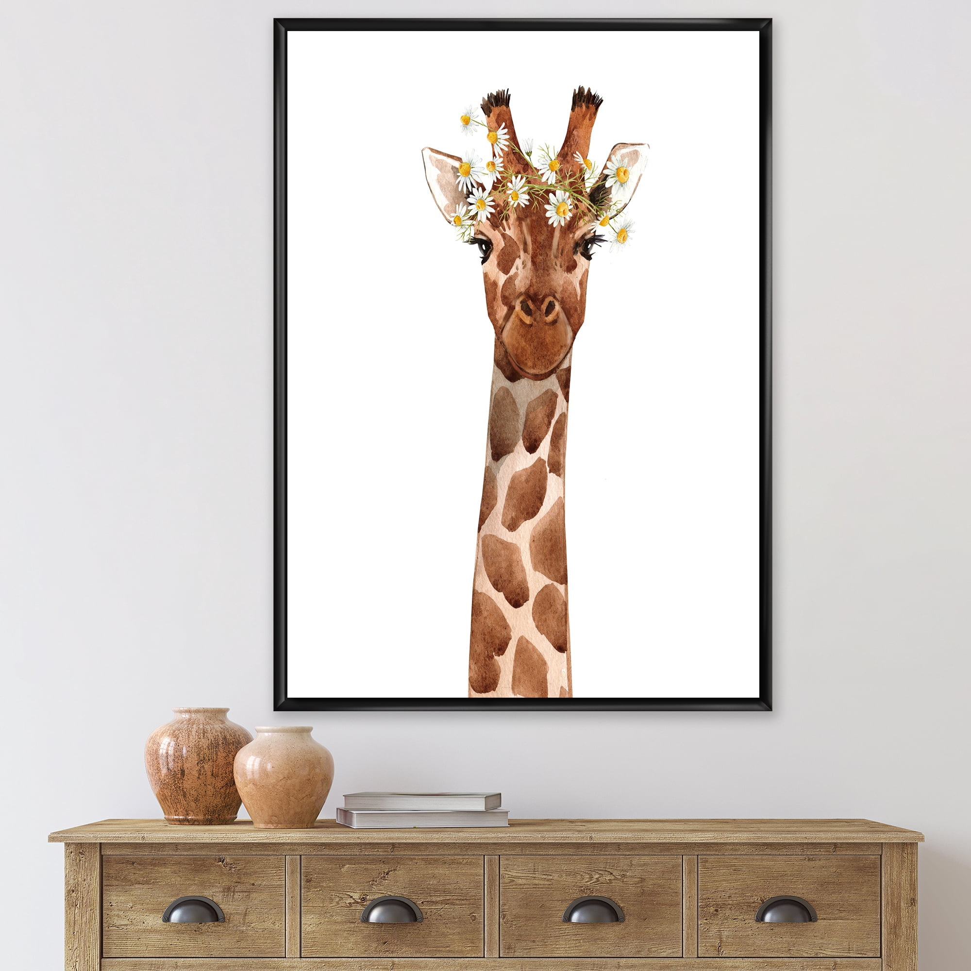 Designart 'Portrait of A Giraffe With White Flowers' Farmhouse Framed Canvas Wall Art Print