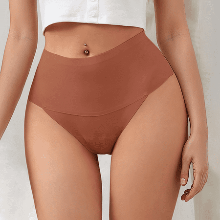 Fulorrnie Underwear for Women Plus Size Thong Breathable Seamless Panties High Waist Elastic Waistband Panty Coffee S
