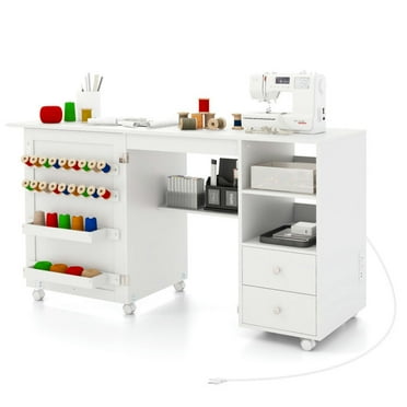 YYAo Office Desks,Sewing Tables,Folding Sewing Table with Charging Station and Storage Shelves-White