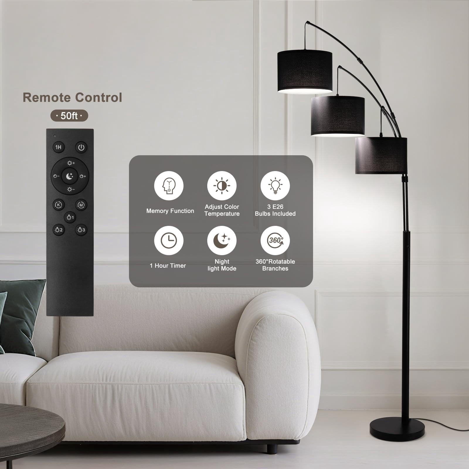 Floor Lamps for Living Room, 2400LM Super Bright Arc Floor Lamp with Remote Control, 3 Light Tall Floor Lamps with Stepless Dimmable, 80" Mid Century Tree Floor Lamp for Bedroom, Office
