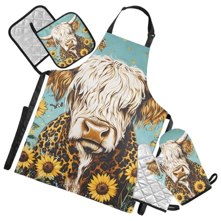 Highland Cow and Sunflowers Apron Set with Oven Mitts Pot Holders Set of 5 Kitchen Stuff Accessories