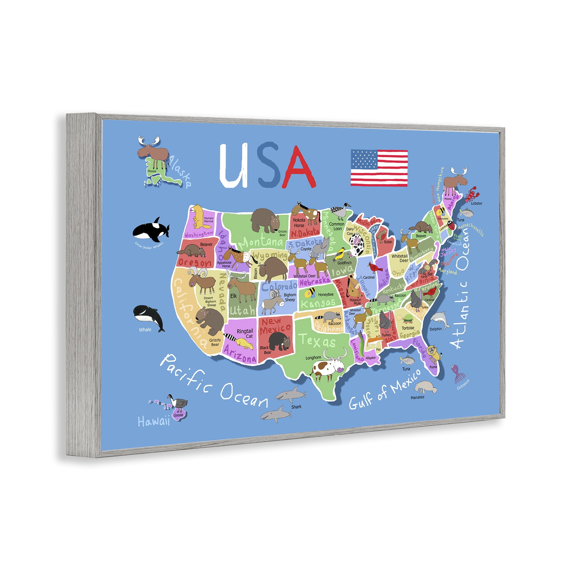 Stupell Industries United States Animal Map Travel & Places Painting Gray Framed Art Print Wall Art, 18 x 12