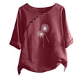 thumbnail image 2 of OKBOP Ladies Tops Red 3/4 Sleeve Crew Neck Cotton and Linen Floral T-Shirts Ladies Shirts, 2 of 4