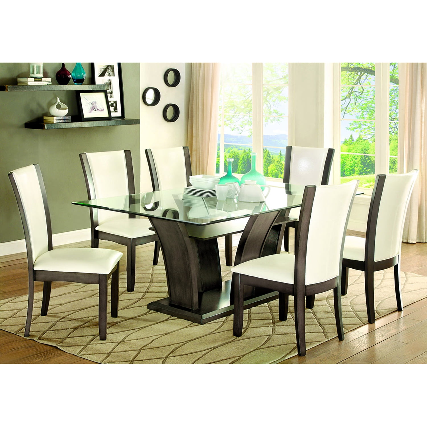 Furniture of America Longbotton Glass Top Dining Table, Brown Cherry