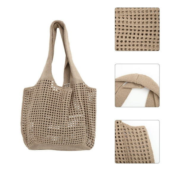SWETRACE 1Pcs Khaki Crocheted Tote Bag Polyester Cotton Hollow Out Design for Women Summer Beach Travel Use