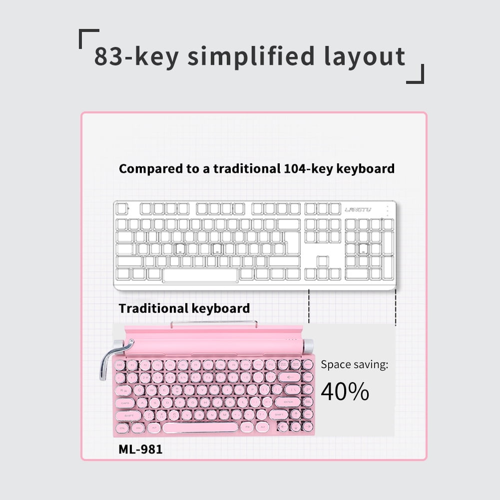 83-Key Retro Mechanical Keyboard,Dot Typewriter Mechanical Wireless Bluetooth Keyboard, For Smart Phone, Tablet Laptop/Desktop, Gaming Mechanical Keyboard with Wired/Bluetooth Mode (Pink)