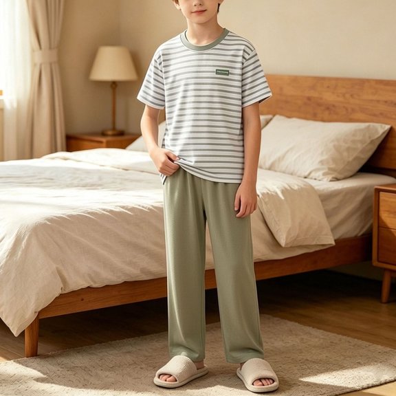 Mifsaly Two Piece Pajama Set for Girls Boys Striped Short Sleeve T-Shirt and Long Lounge Pants Soft Skin-Friendly Sleepwear Comfortable Nightwear