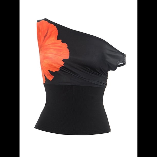 Camiseta Corta Sin Mangas con Cuello Asimétrico y Hombros Descubiertos para Mujer, con Estampado Floral Y2K, Sin Espalda y Sin Mangas. Negro L