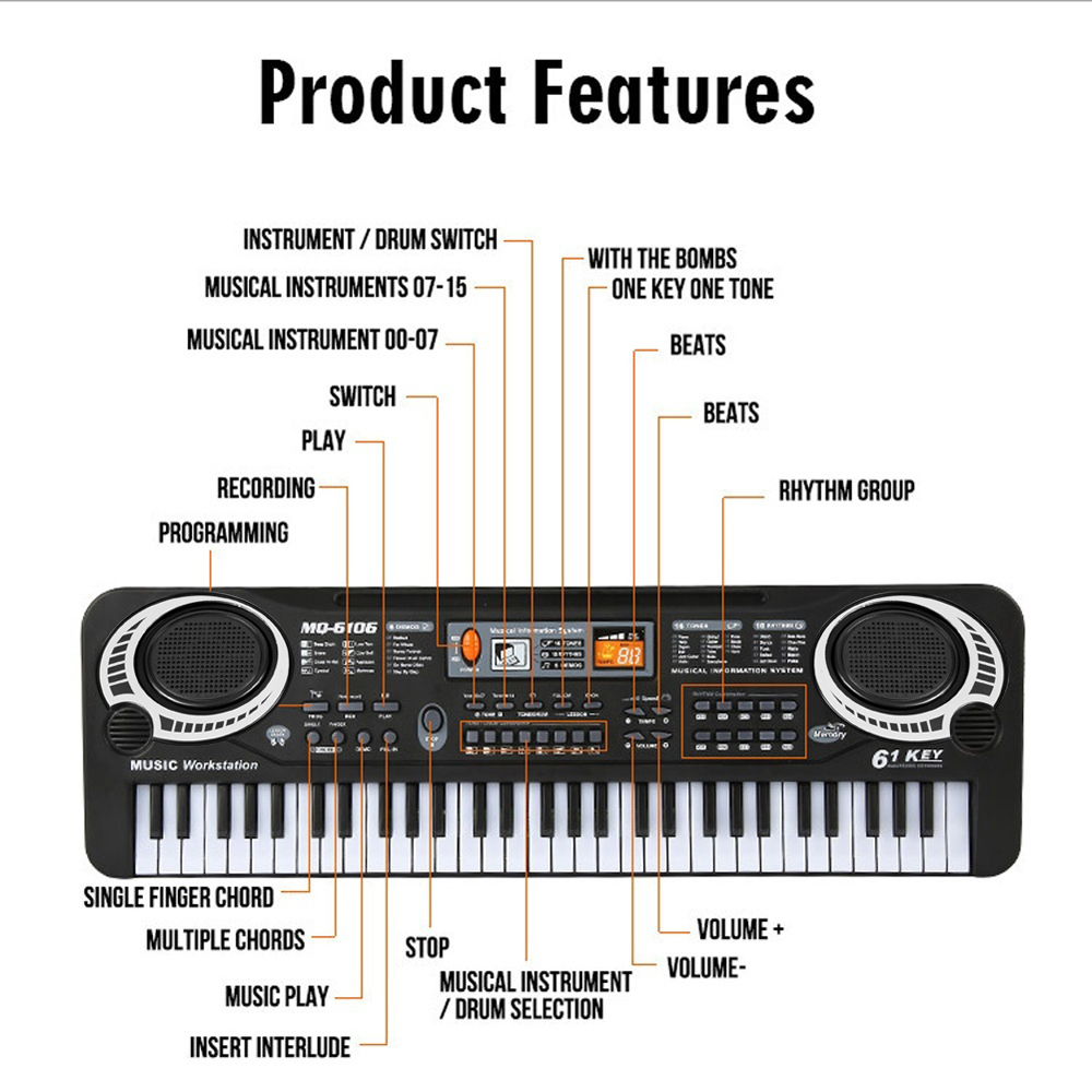 61 Keys Black Digital Music Electronic Keyboard KeyBoard Electric Piano Kids Gift Musical Instrument w/Power Supply /Microphone, Black - image 5 of 6