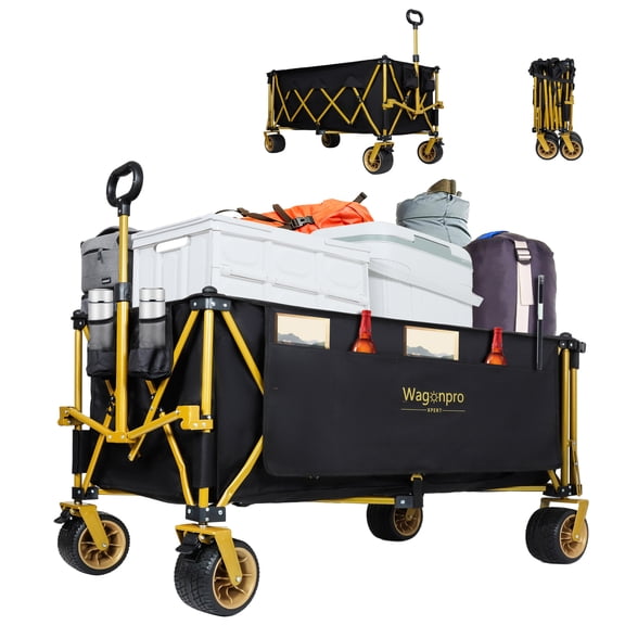 67"L Extra Foldable Utility Wagon with Opened Tailgate, Heavy Duty Utility Cart with 4" All-Terrain Wheels, 2 Cup Holder, Brakes, Weight Capacity 480lbs, for Groceries, Garden, Shopping, Yellow