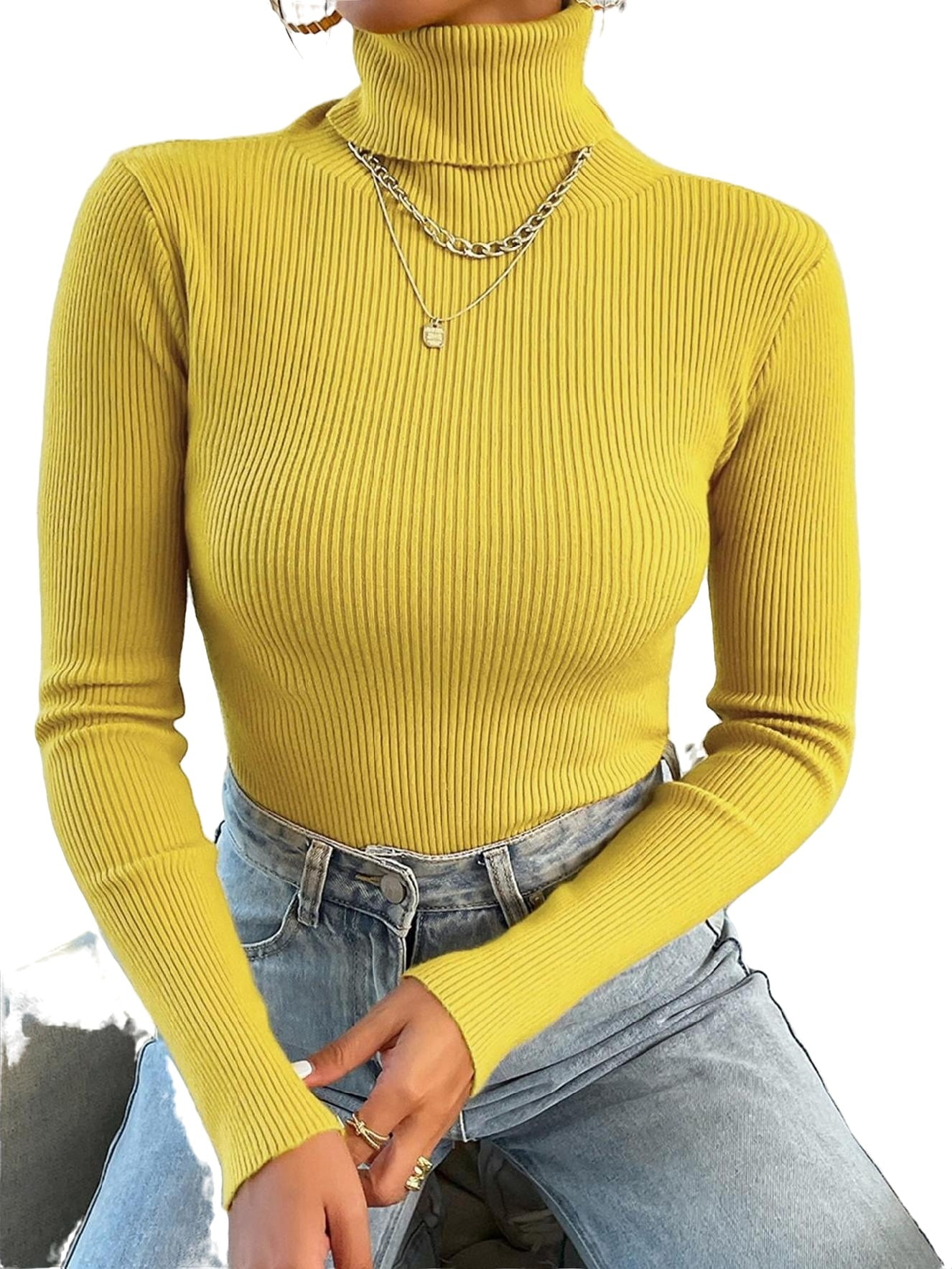 Rib-Knit Casual Pattern Plain Basic Tops High Neck Women's Sweaters(6)