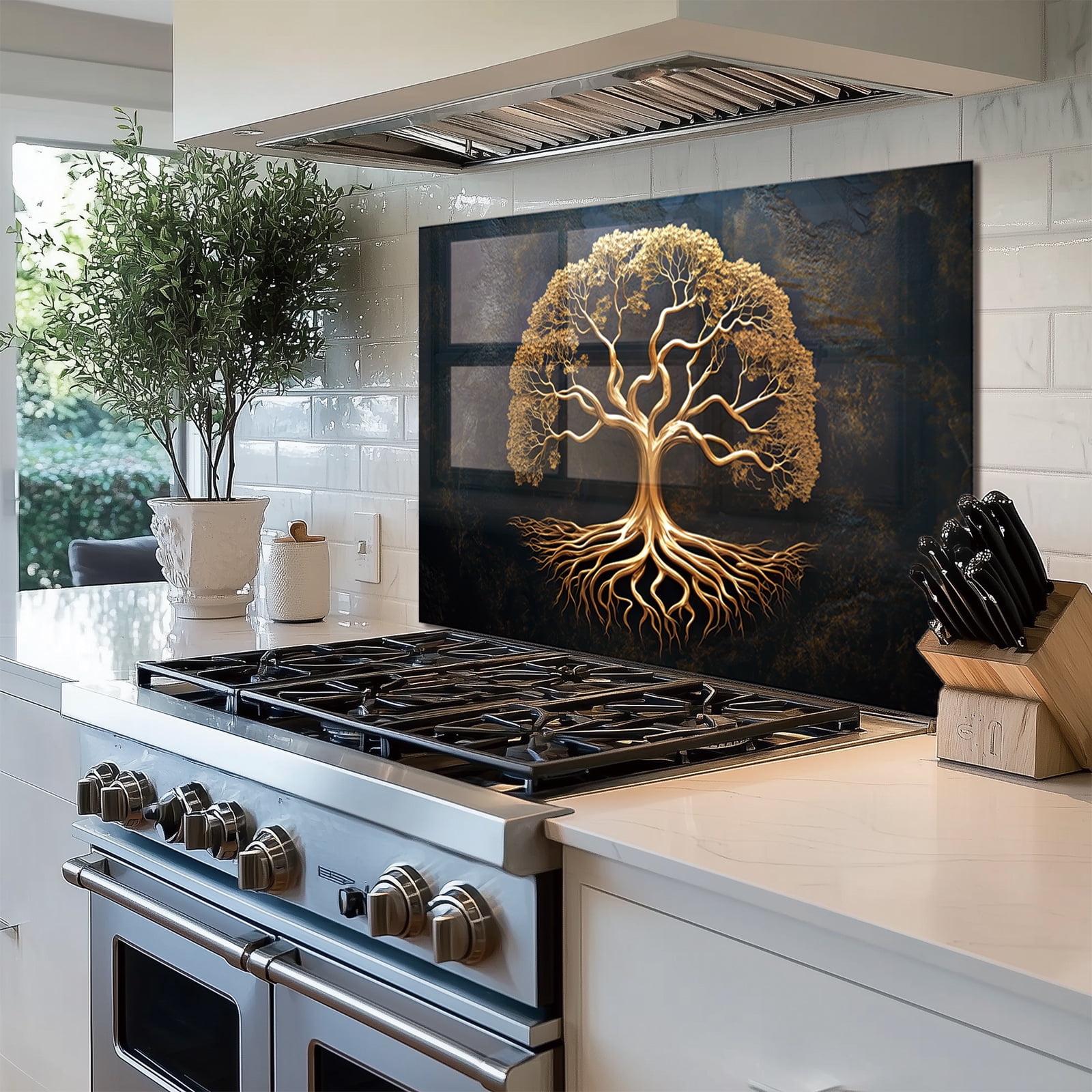 The Golden Tree of Life Glass Backsplash For Kitchen Behind Stove,Stove Back Top Cover,Easy to Clean Glass Splashback, Sink Cover Splash Guard,Home Kitchen Wall Decor