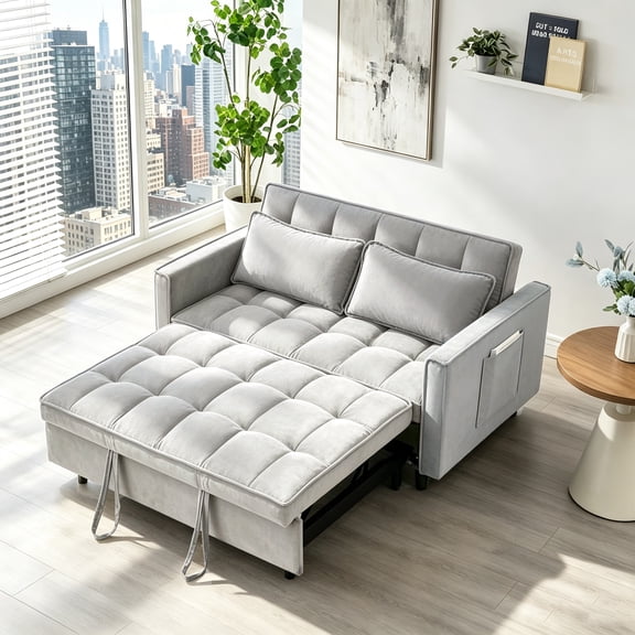 Gewnee 55" 3‑in‑1 Pull‑Out Convertible Sofa Bed, Sleeper Futon Couch, Velvet Loveseat Futon Sofa, Adjustable Backrest, Throw Pillows & Side Storage Pockets for Living Room Apartment, Gray