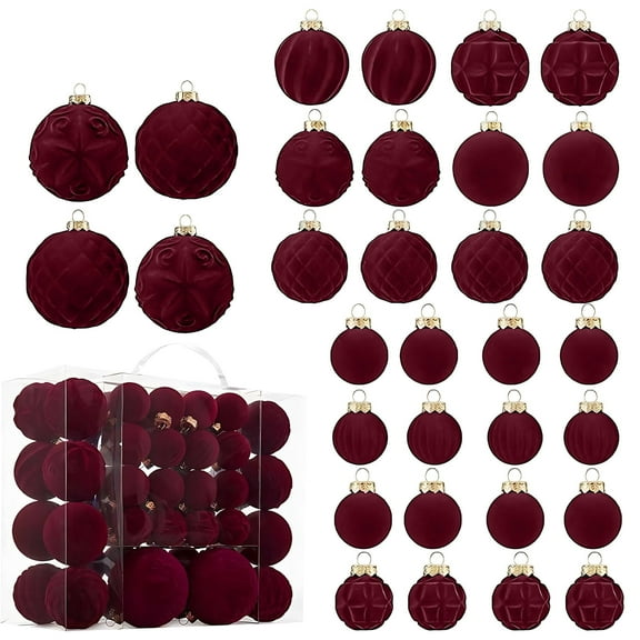 Red Velvet Christmas Ball for Xmas Tree, Burgundy Christmas Ornaments Ball Mantel Wall Decor, 30 Pcs 8 cm / 3.2 in Flocked Ball Ornaments Hanging, Car Rearview Decor