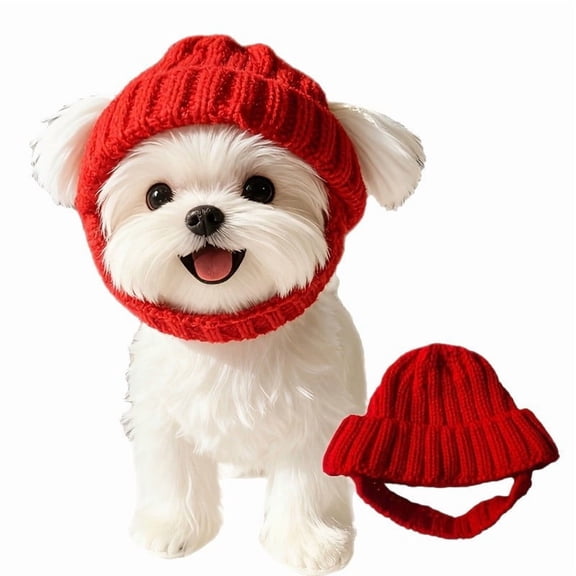 Summercome Knit Dog Beanie Hat with Ear Flaps for Small Medium Dog Warm Winter Hat,Knitted Cat Hat,Pet Knitted Snood with Ears Holes,for Cold Weather Outdoor Cozy Stretchy Earflap Headgear (Red)