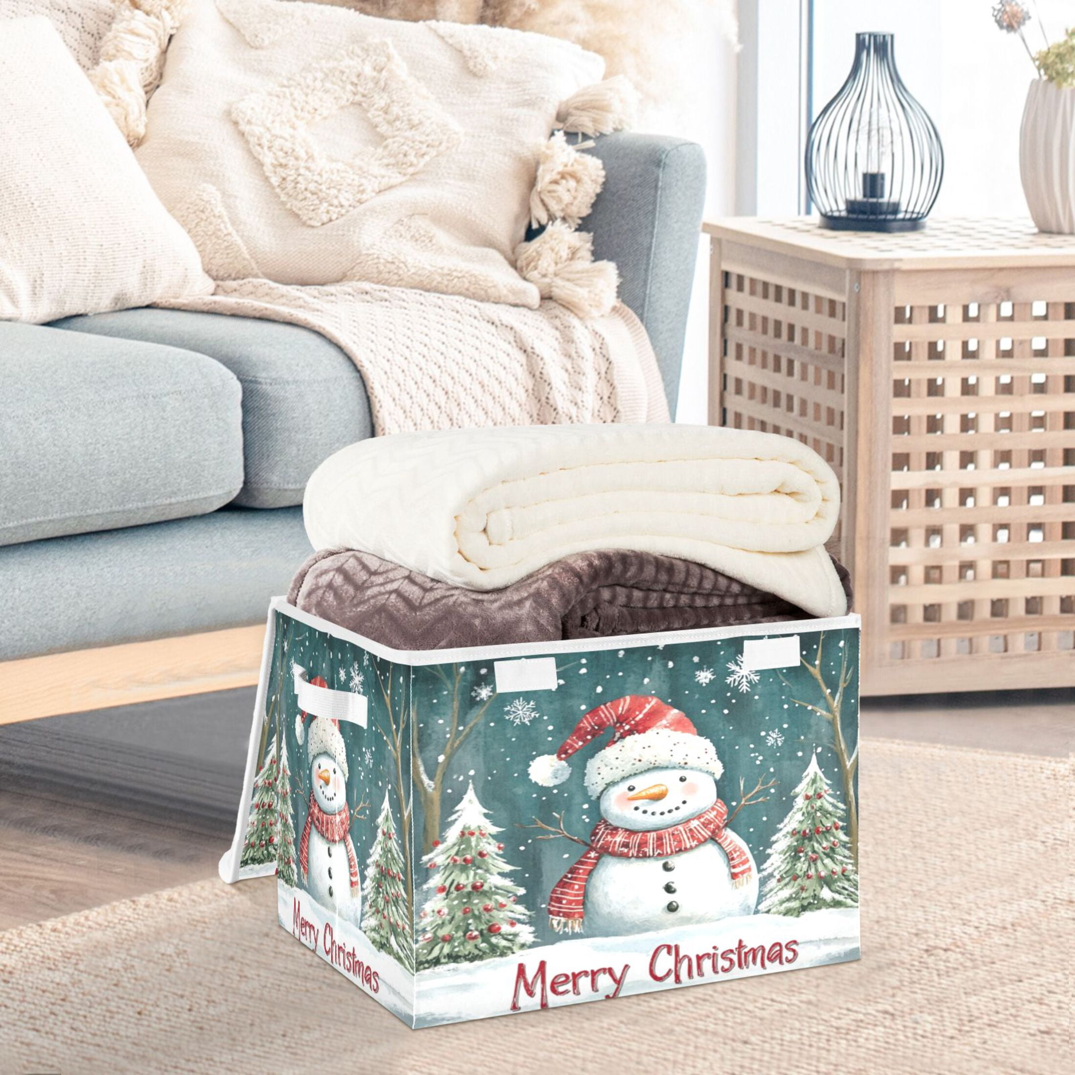 Storage Box With Lid 16.5x12.6x11.8In Foldable Stacked Household Storage Box Santa Hat Snowman Picture