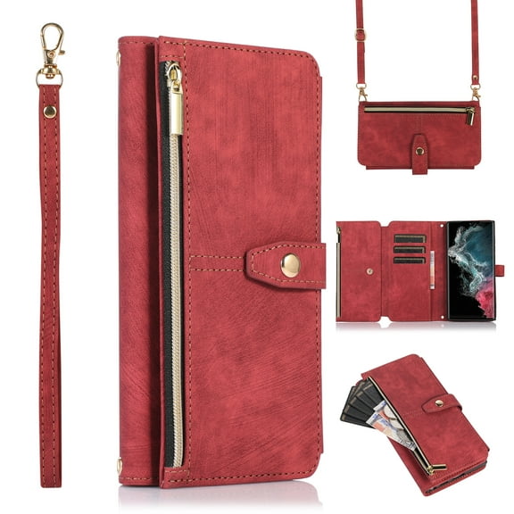 Wallet Case for For iPhone 16 with Zipper Pouch,Magnetic PU Leather Flip Folio Stand Card Slot with Hand Strap and Cross Body Strap Case Cover for For iPhone 16, Red