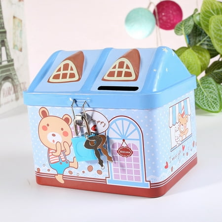Cartoon Iron House Cute Piggy Bank Money Saving Box Tinplate Creative Coin Pot Gifts for Children Style: blue Size:11.9 * 9.4 *