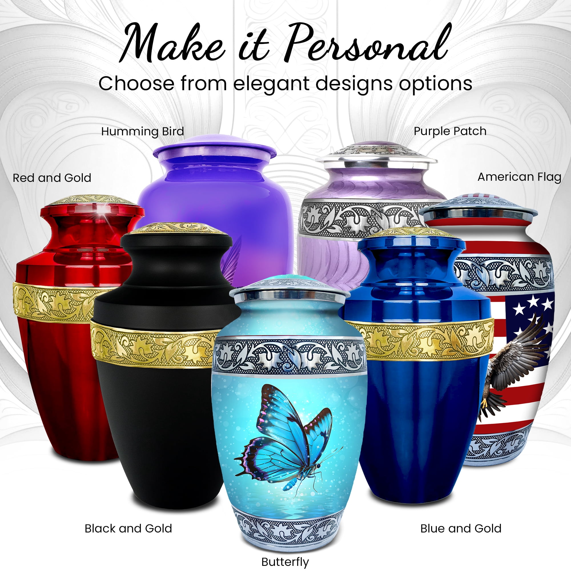 Set of 6 Butterfly Decorative Cremation Urns for Ashes for Women & Men Includes 1 Large Urn with 4 Small Keepsakes & 1 Necklace