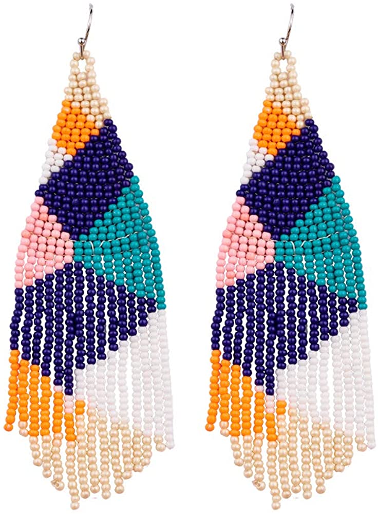 Long Beaded Tassel Earrings Bohemian Native Handmade Seed Bead Tassel Earrings for Women Girls