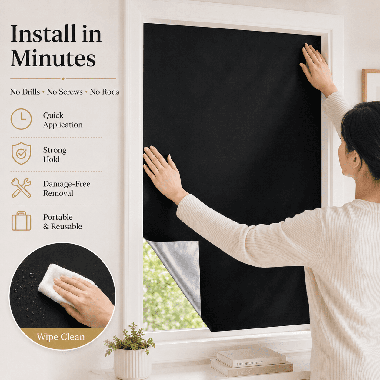 DONGPAI Blackout Curtains Portable No Drill Window Blinds, 100% Light Blocking Temporary Window Cover for Travel, Baby Nursery, Bedroom and RV Skylight, DIY Cut to Size, Reusable Hook and Loop, Black