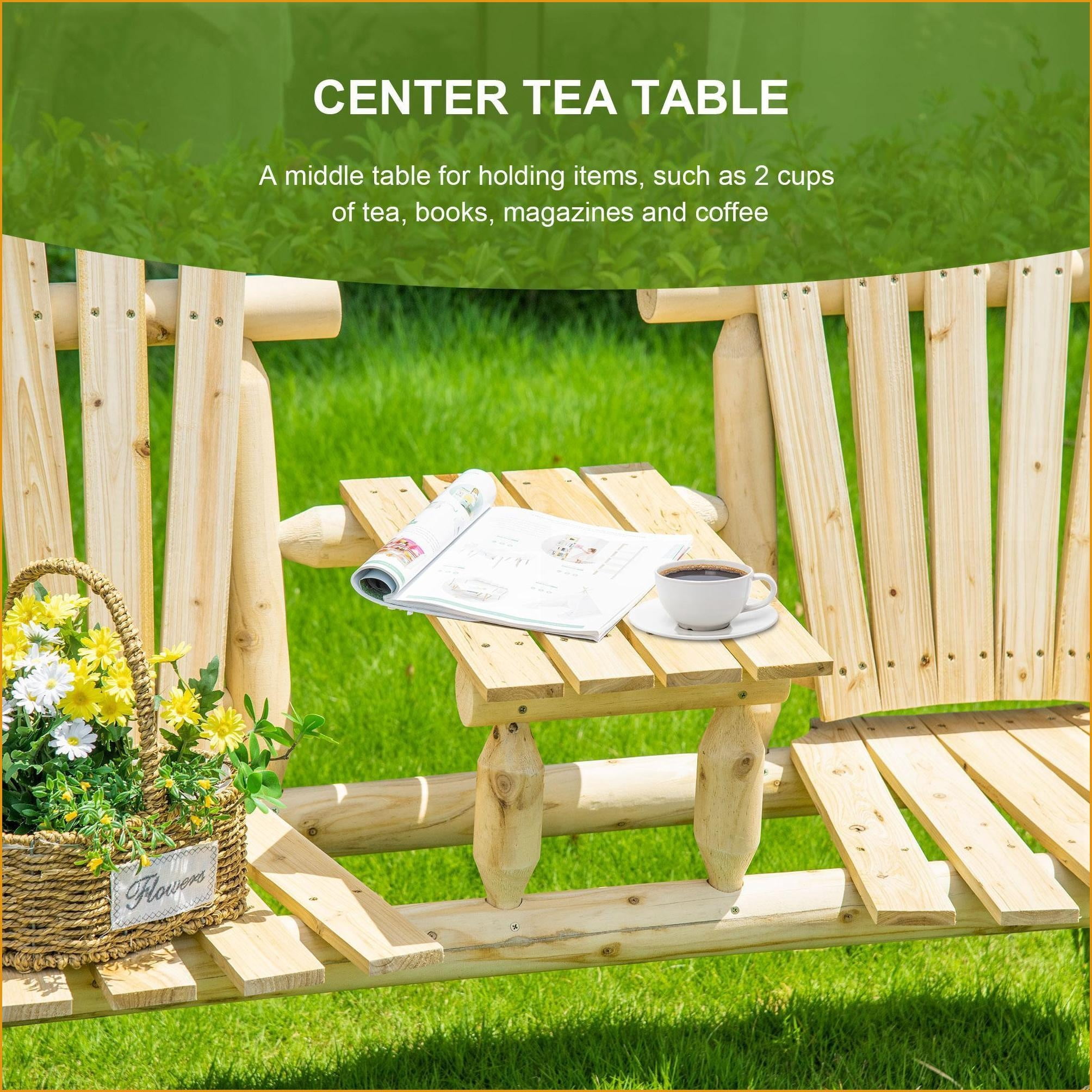 Outdoor Loveseat Adirondack Chair, 2-Seat Wooden Bench with Table/Cupholder for Porch/Backyard/Fire Pit | Natural | Slat Back