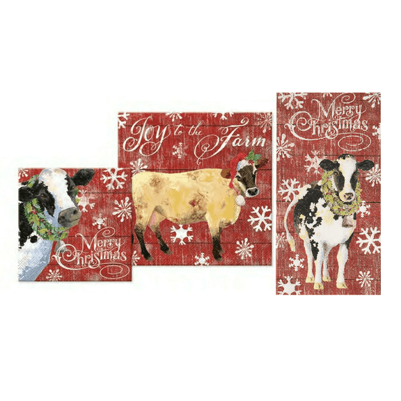 Farmhouse Christmas Dinner Beverage Guest Napkins  Cow Pattern Joy to the Farm