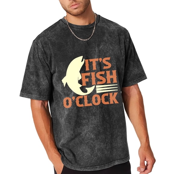 Vintage Black Acid Wash Men's T-Shirt, Funny "It's Fish O'Clock" Fishing Graphic Tee, Short Sleeve Crewneck Casual Shirt for Outdoor Anglers, Sizes S-3XL