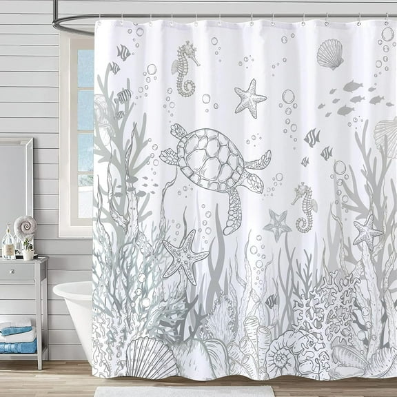 Nautical Coastal Turtle Shower Curtain, Coral Starfish Seashell Ocean Themed Bathroom Curtain, Underwater Seahorse Bathroom Decor Grey 72 x 72 inch