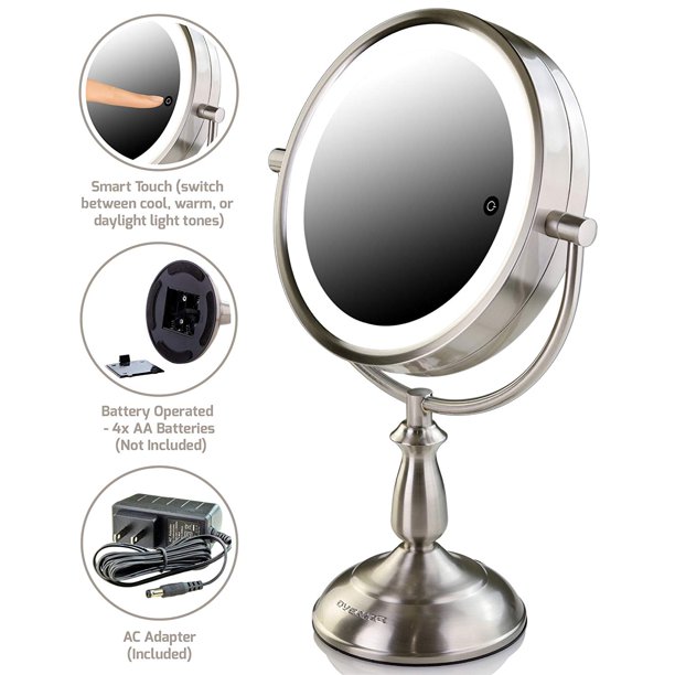Ovente 7.5 Inch 1X Lighted Table Top Vanity Makeup Mirror, 10X
