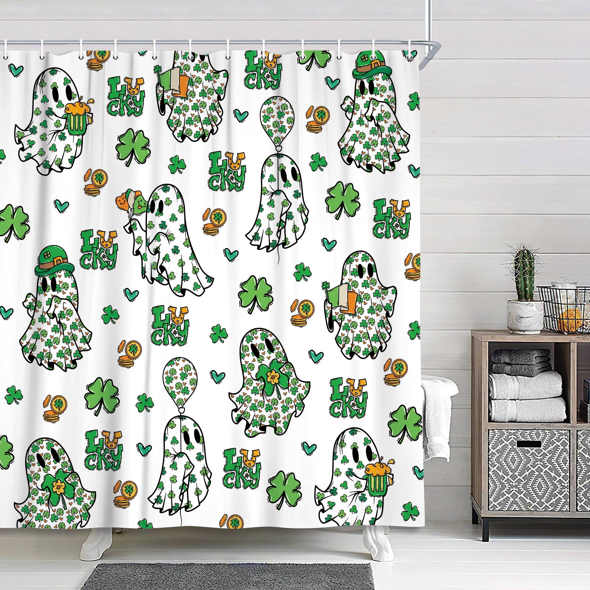 St. Patrick's Day Shower Curtain, Cute Ghost Green Luck Clover Balloon Elf Shower Curtain Sets, Festival Spring Party Waterproof Fabric Bathtub Curtain with Hooks, 72X72in