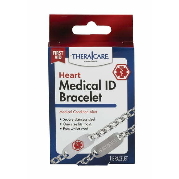Thera|Care Stainless Steel Heart Medical ID Bracelet, Adjustable 10” Chain Link & Lobster Claw Clasp, Includes Emergency Wallet Card, For Men & Women Medical Identification Jewelry
