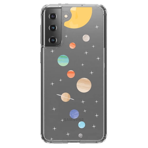DistinctInk Clear Shockproof Hybrid Case for Galaxy S21 5G (6.2" Screen) - TPU Bumper, Acrylic Back, Tempered Glass Screen Protector - Solar System - Planets with Sun