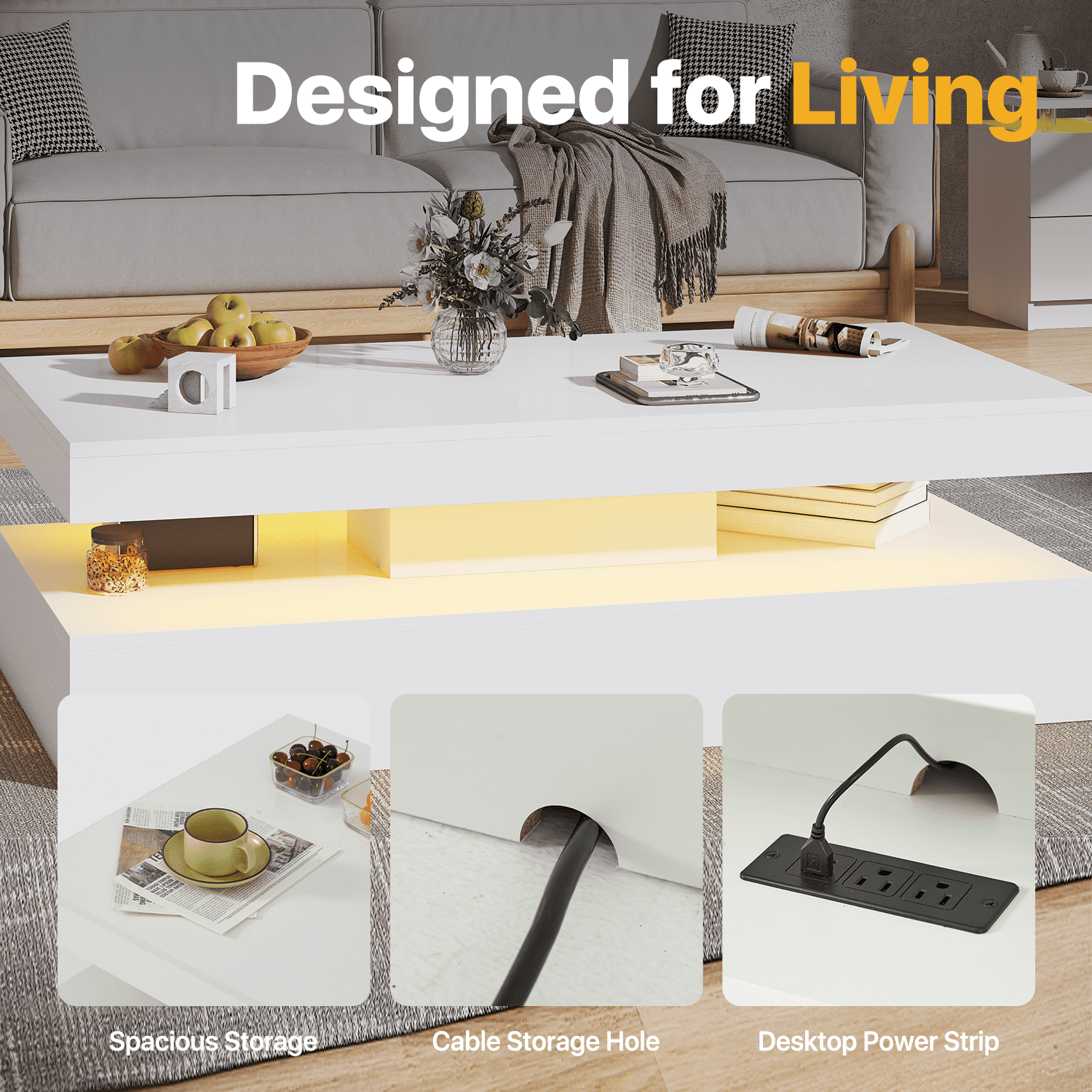 Sonegra 3-Piece Living Room Coffee Table Set, Including A Modern Coffee Table and 2 LED End Tables with Storage Drawers, White