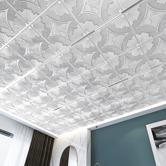 White Drop Ceiling Tiles, 12 Pack 24x24 Inch Glue Up 3D Wainscoting Panels for Interior Ceiling and Accent Walls