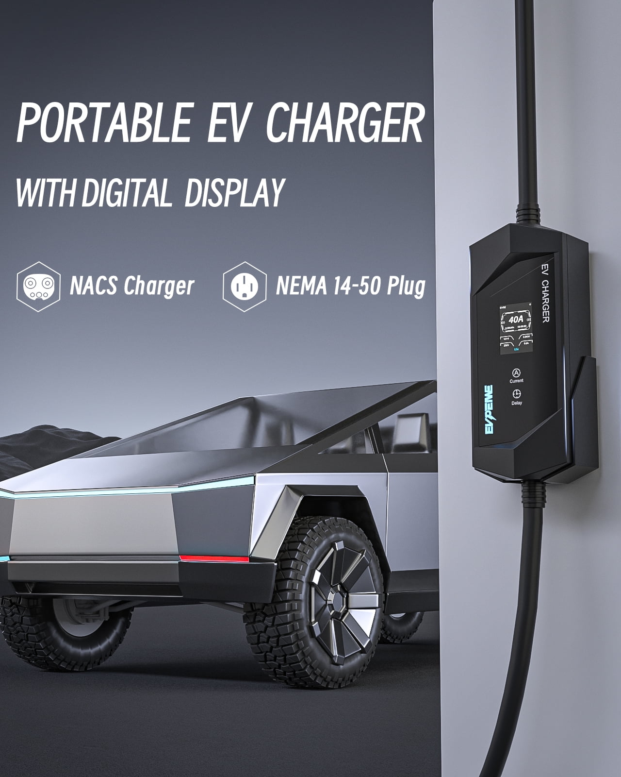 EVPEIWE Level 1/2 EV Charger for Tesla, 40A Electric Vehicle Charger for Tesla with NEMA 14-50 Plug & 5-15 Adapter, 25ft Home Portable NACS Wall Charger Compatible with Model 3/Y/X/S/Cybertruck