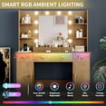 thumbnail image 3 of FANRAL 43'' Vanity Desk with 10 LED Lights,Under-Table RGB Strip & Built-in Power Station,Multi-Storage Makeup Table for Bedroom Bathroom Grooming,Natural Oak Vanity, 3 of 7