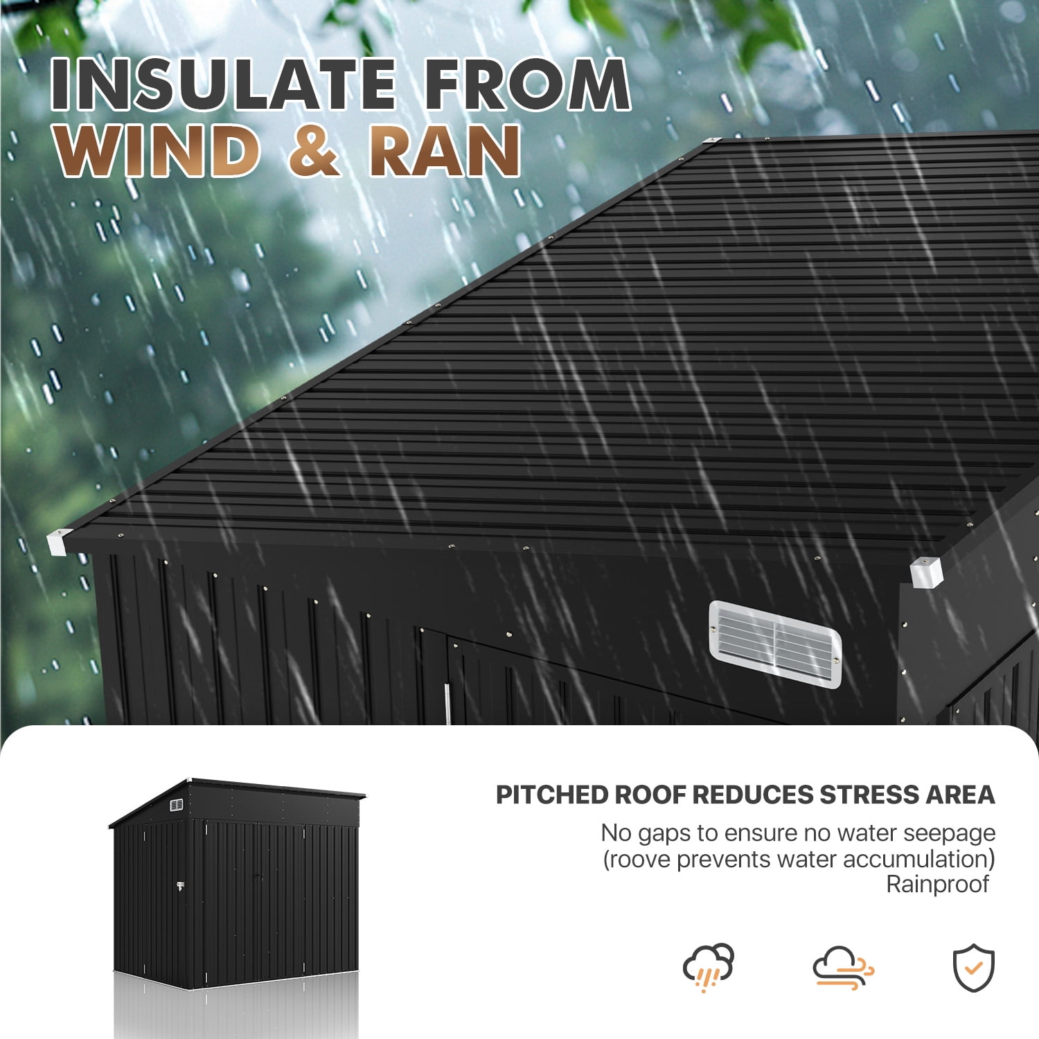 BaPiPro 8'x4' Lean-to Metal Storage Shed, Outdoor Lockable Shed with Triple Doors & Vents for Garden, Backyard, Patio - Black