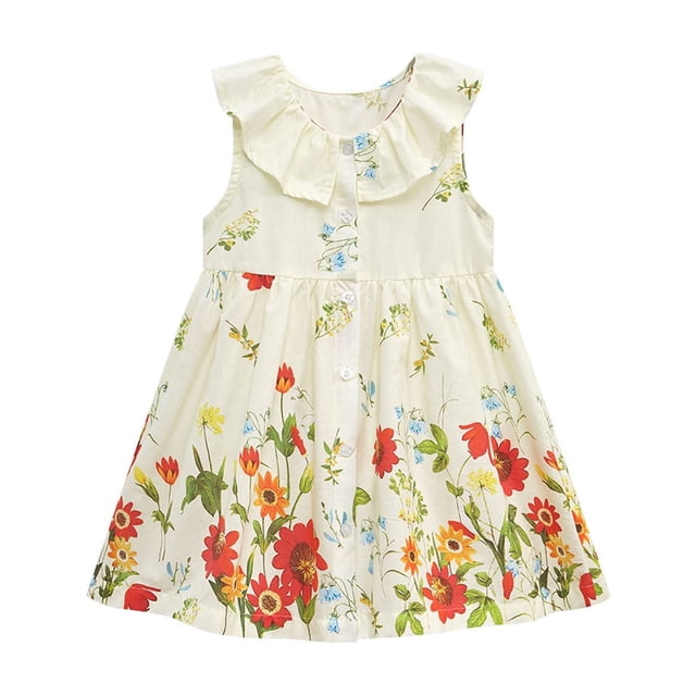 Robes Décontractées pour Filles Été Imprimé Floral Col Rond Sans Manches Midi Robe Décontractée de Vacances, Beige, 7-8 Ans