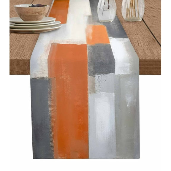 Abstract Orange Grey Table Runner Cotton Linen 48 Inch Holiday Dresser Scarves, Modern Watercolor Geometric Tablerunner for Kitchen Coffee Dining Bedroom Living Room Dinner Scarf Décor 13''x48''
