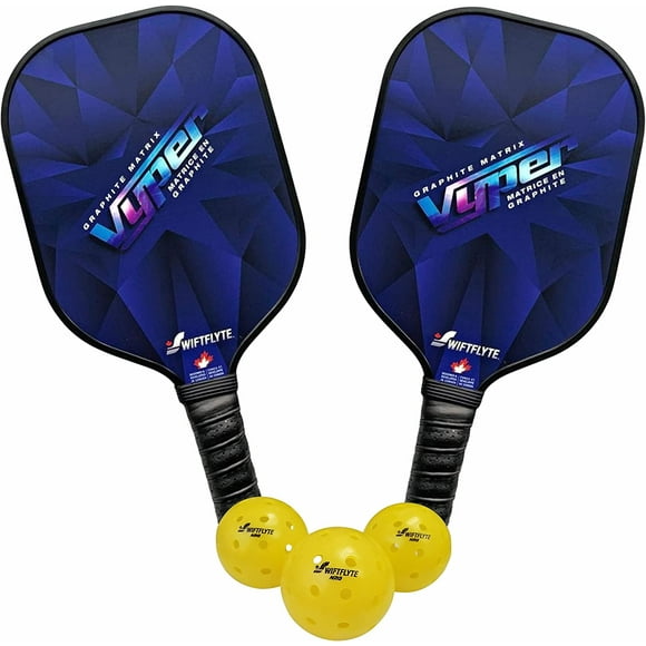 Swiftflyte Vyper Pickleball Paddle Set of 2, Graphite Surface, High-Density EVA Core, Edge Guard, Soft-Touch Wrapped Grip, 8oz 4in Grip, Includes 3 Multi-Surface Balls with 40 Machine Drilled Holes