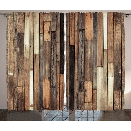 Wooden Curtains 2 Panels Set, Brown Old Hardwood Floor Plank Grunge Lodge Garage Loft Natural Rural Graphic Artsy Print, Window Drapes for Living Room Bedroom, 108W X 84L Inches, Brown, by Ambesonne