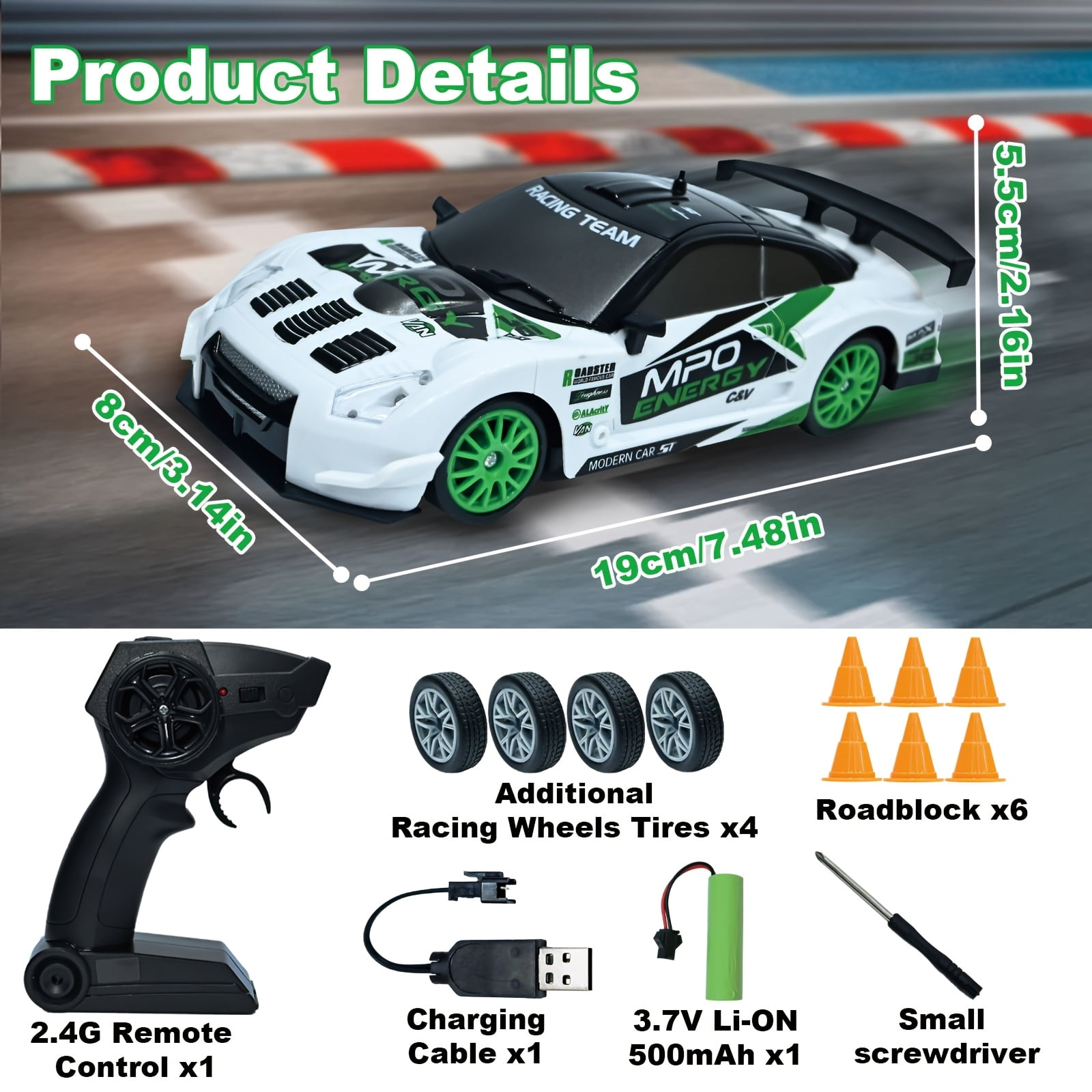 AIGIA Remote Control Car 2.4GHz 1:24 Scale 4WD 20KM/H High Speed RC Drift Car Model Vehicle with LED Lights Drifting Tire Racing Car