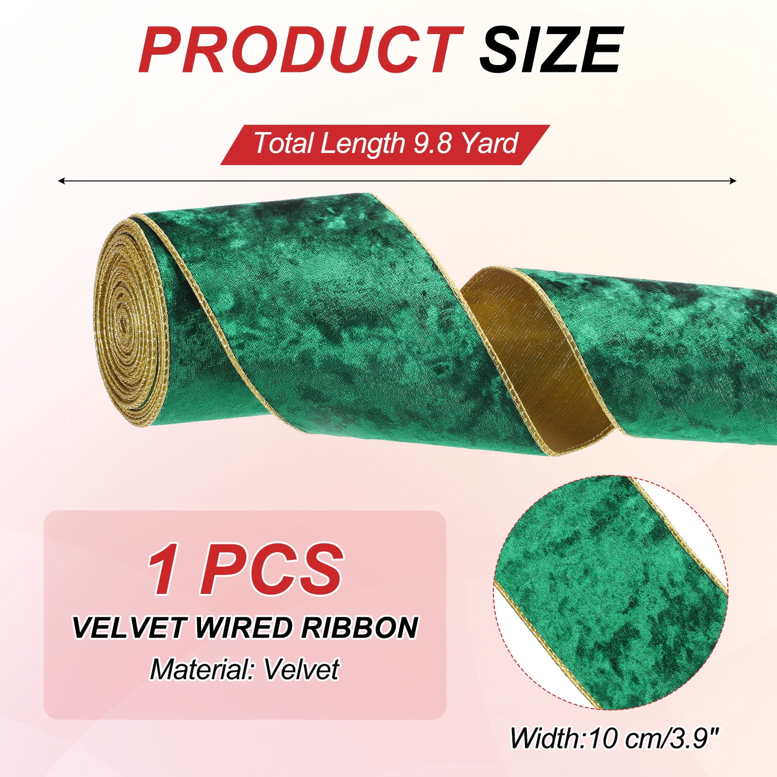 Uxcell 4" x 10 Yards Velvet Wired Gold Crushed Ribbon for Bow Decor Green