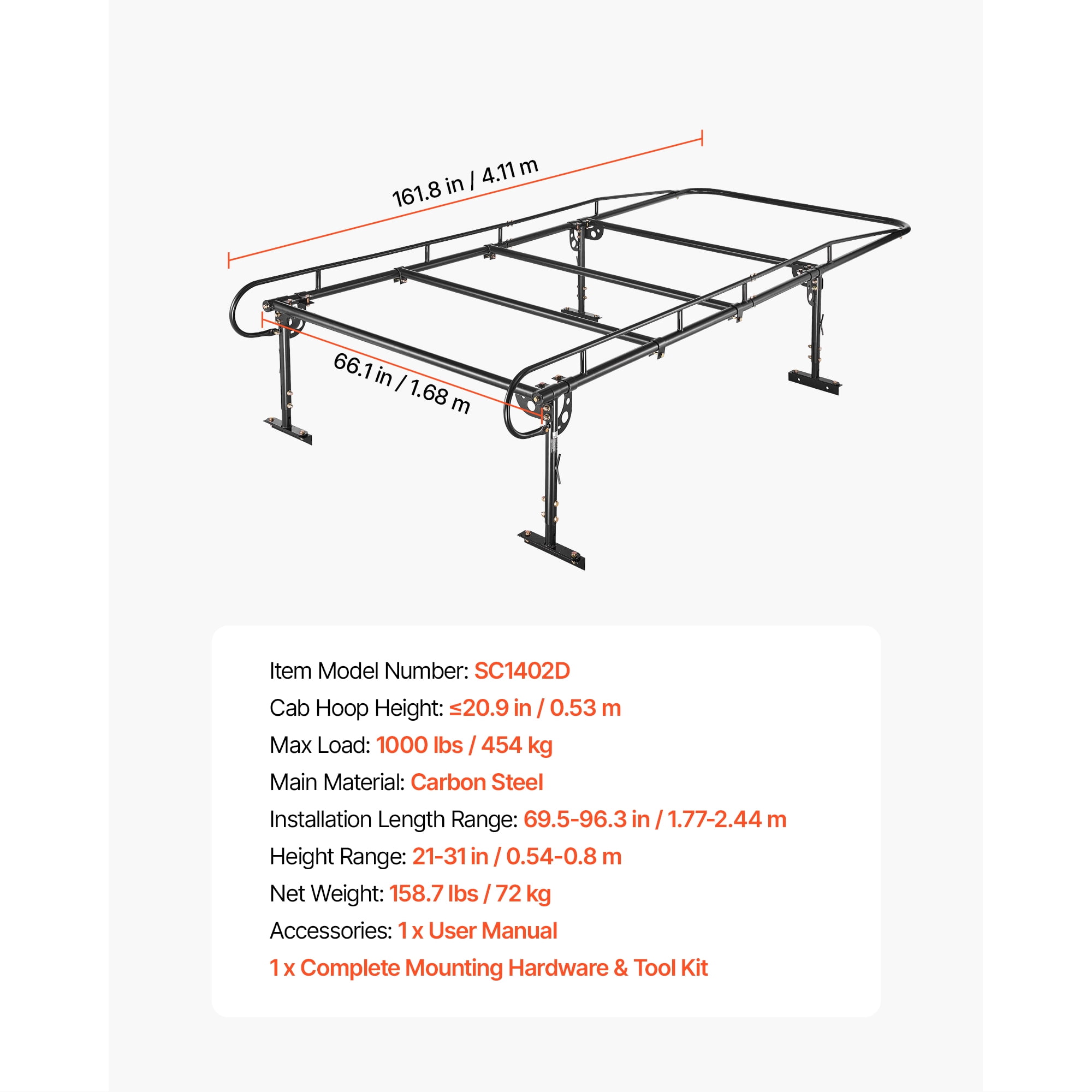 KFFKFF Adjustable Service Body Truck Ladder Rack with 1000 lbs Capacity, Over-Cab Design, 21"-31" Height Range, Compatible with Single/Dual Rear Wheel Utility Trucks, Durable Steel Construction