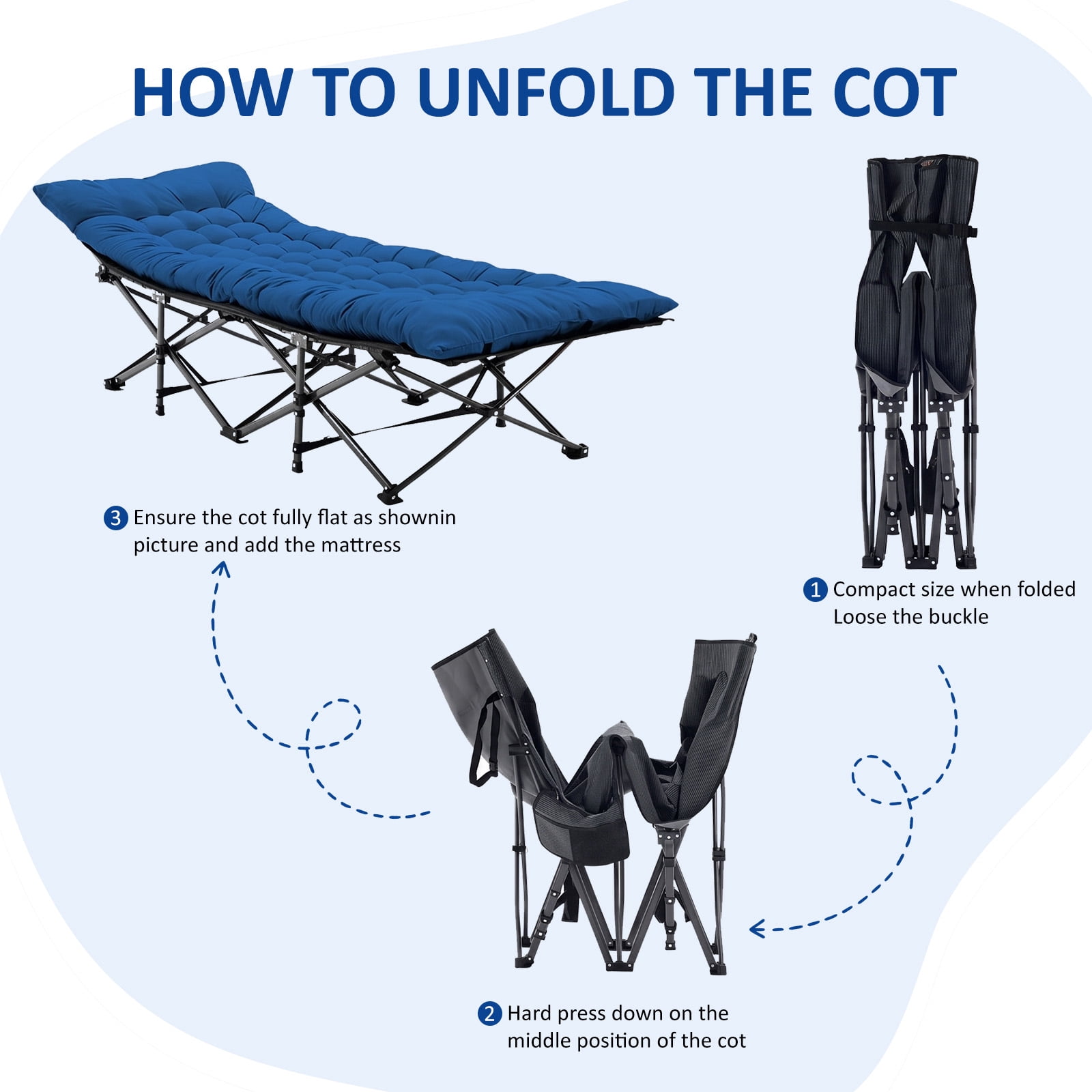 Simenmax Folding Camping Cot with Mattress, Heavy Duty Portable Bed for Adults, Quick Setup Travel Cot for Guest or Outdoor Use, Blue