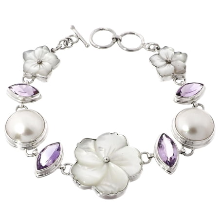 White Mother Of Pearl Shell Flower Mabe Cultured Pearl 925 Sterling Silver Toggle Bracelet, 7" - 7 1/2"