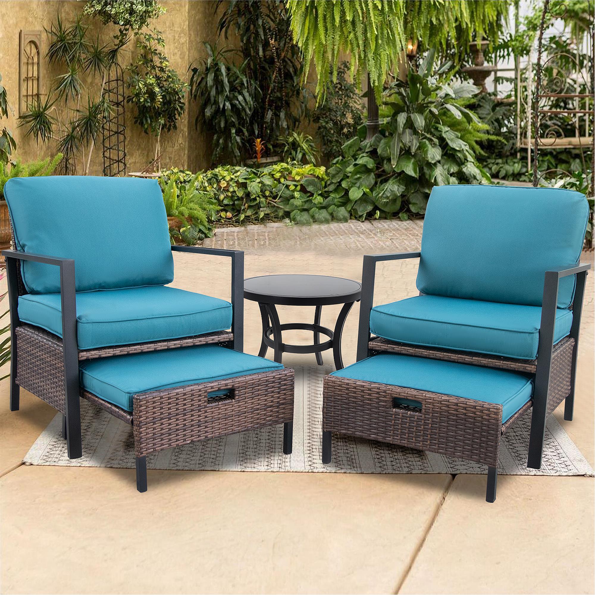 UBesGoo 5 PCS Luxury Patio Conversation Set with Ottoman,Outdoor Wicker Rattan Furniture Set,Comfortable Lounge Chair with Glass Top Side Table,Balcony,Backyard,Poolside,Garden Decor (Blue) - image 4 of 9