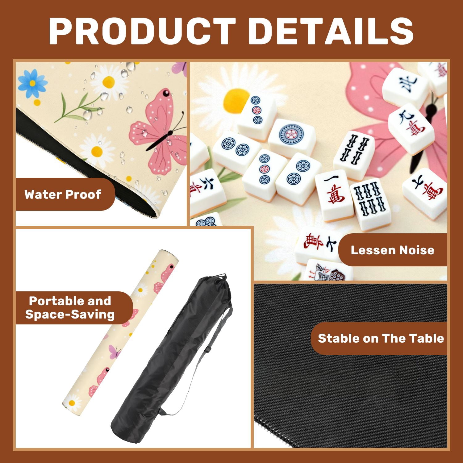 Mahjong Mat 31.5" x 31.5" Pink Purple Butterflies Colorful Flowers Light Non-Slip Noise Reduction American Mahjong Tiles Table Cover for Dominoes Poker Card Board Games Gift