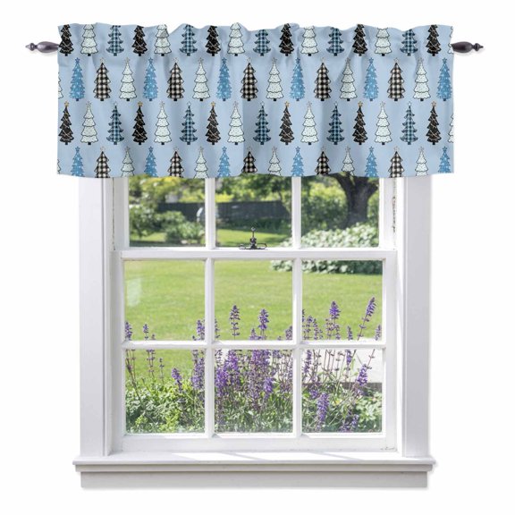 Curtain Valance for Windows, Winter Christmas Tree on Blue Kitchen Valances Rod Pocket Short Curtains, Farmhouse Xmas Tree Window Valance for Bedroom Bathroom Living room 42x12in